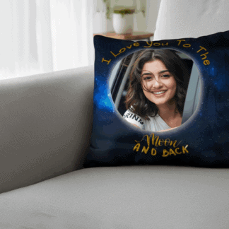 Personalized pillow sham with a photo frame and moon design, perfect for romantic gifts.