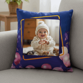 Personalized birthday photo cushion featuring a smiling baby with a knitted hat.