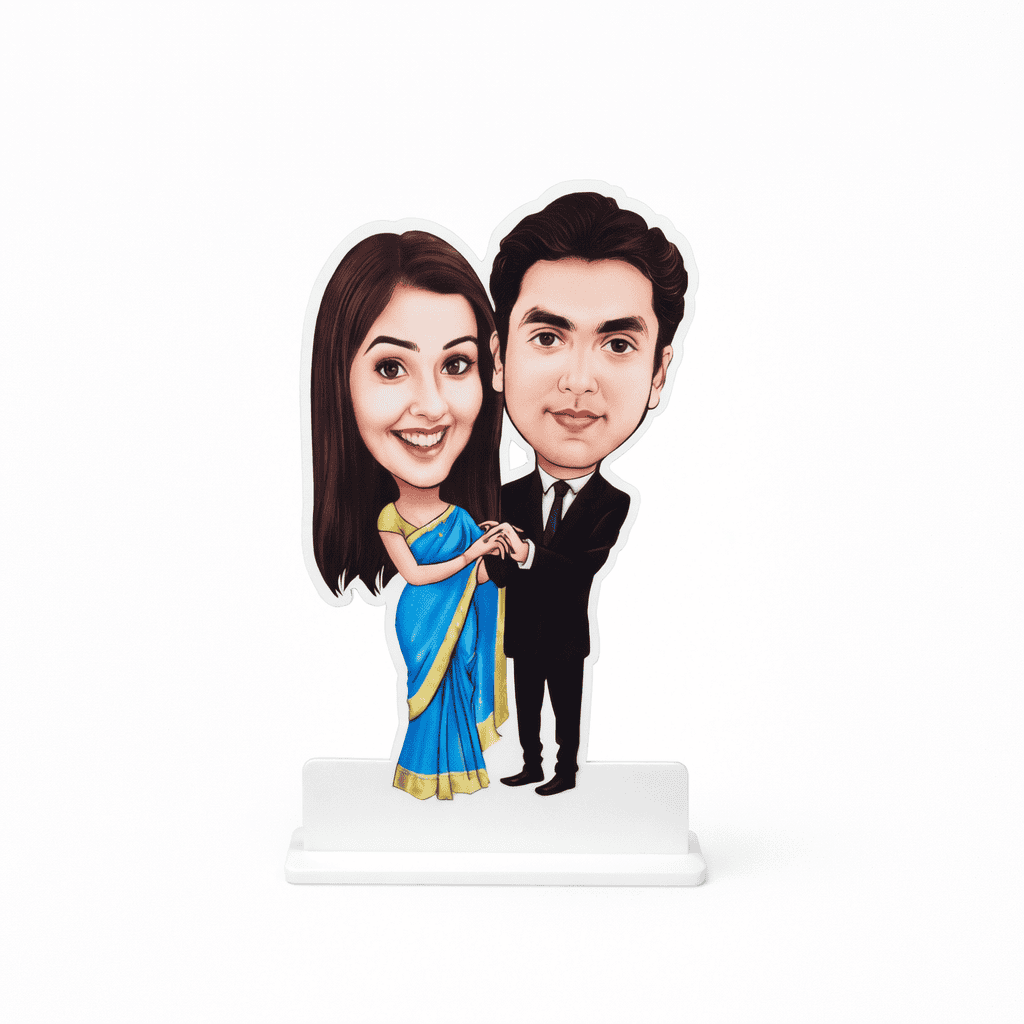 Acrylic caricature of a happy couple in traditional and formal attire, perfect for personalized gift.