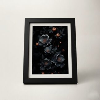 Stylish framed artwork featuring dark floral design with roses and berries.