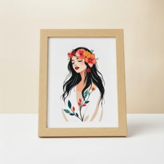 Beautiful illustration of a woman with floral accessories in a beige frame.