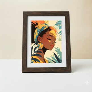Colorful framed portrait of a woman with tropical leaves, perfect for home decor.