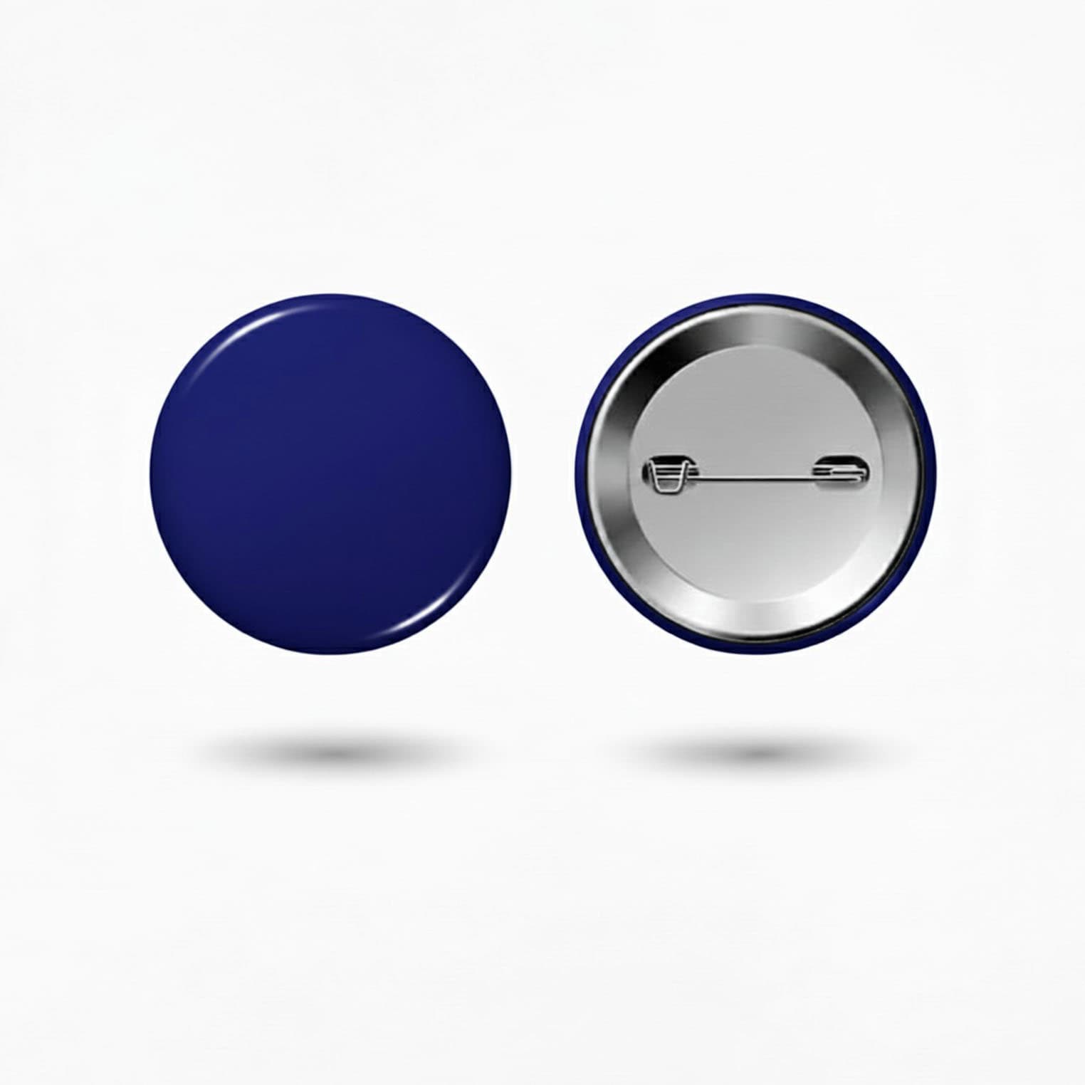 Custom glossy button badge with a blue front and metallic back.