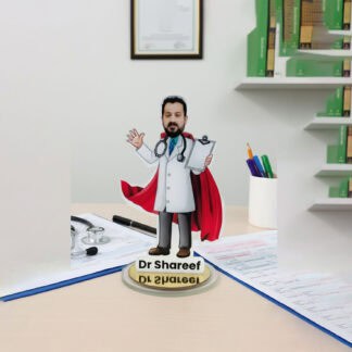 Custom caricature of a doctor holding a clipboard and waving. Perfect personalized gift for healthca.