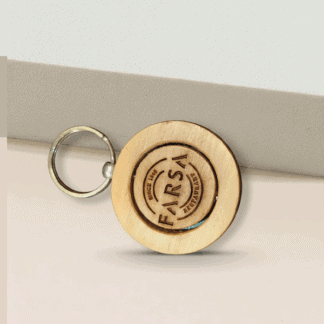 Custom engraved wooden keyring with logo for corporate branding.