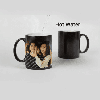 Custom heat-sensitive mug with photo, revealing image when hot water is added.