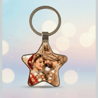 Personalized star-shaped metal keychain with a custom photo print.