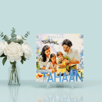 Personalized birthday family photo ceramic tile with custom name and message. Perfect for celebratin.