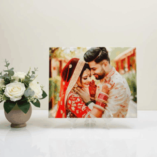 Personalized photo printed ceramic tile with stand, perfect for living room decor. Customizable gift.