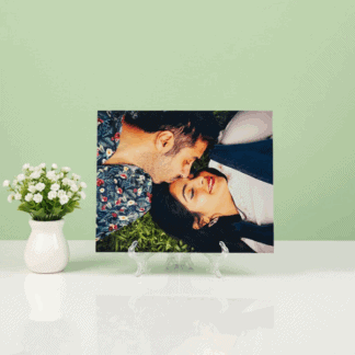 Custom memory tile with easel stand for personalized gifts.