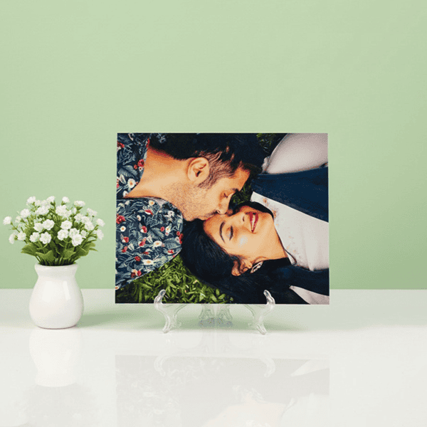 Custom memory tile with easel stand for personalized gifts.