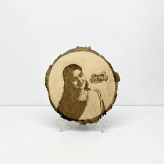 Personalized birthday gift with engraved portrait on a rustic wood slice. Perfect for celebrating sp.