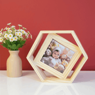 Beautiful hexagonal wooden photo frame with swivel feature for personalized photos. Perfect for styl.