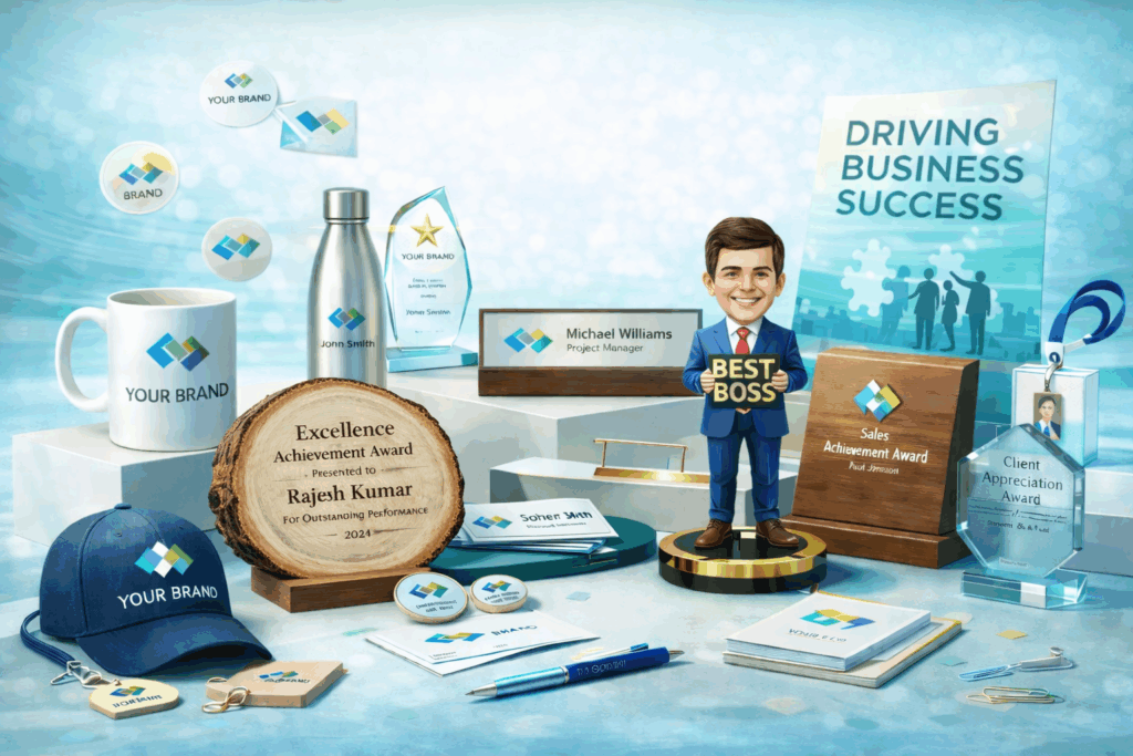 Custom branded corporate gifts including mugs, awards, and stationery for business success.